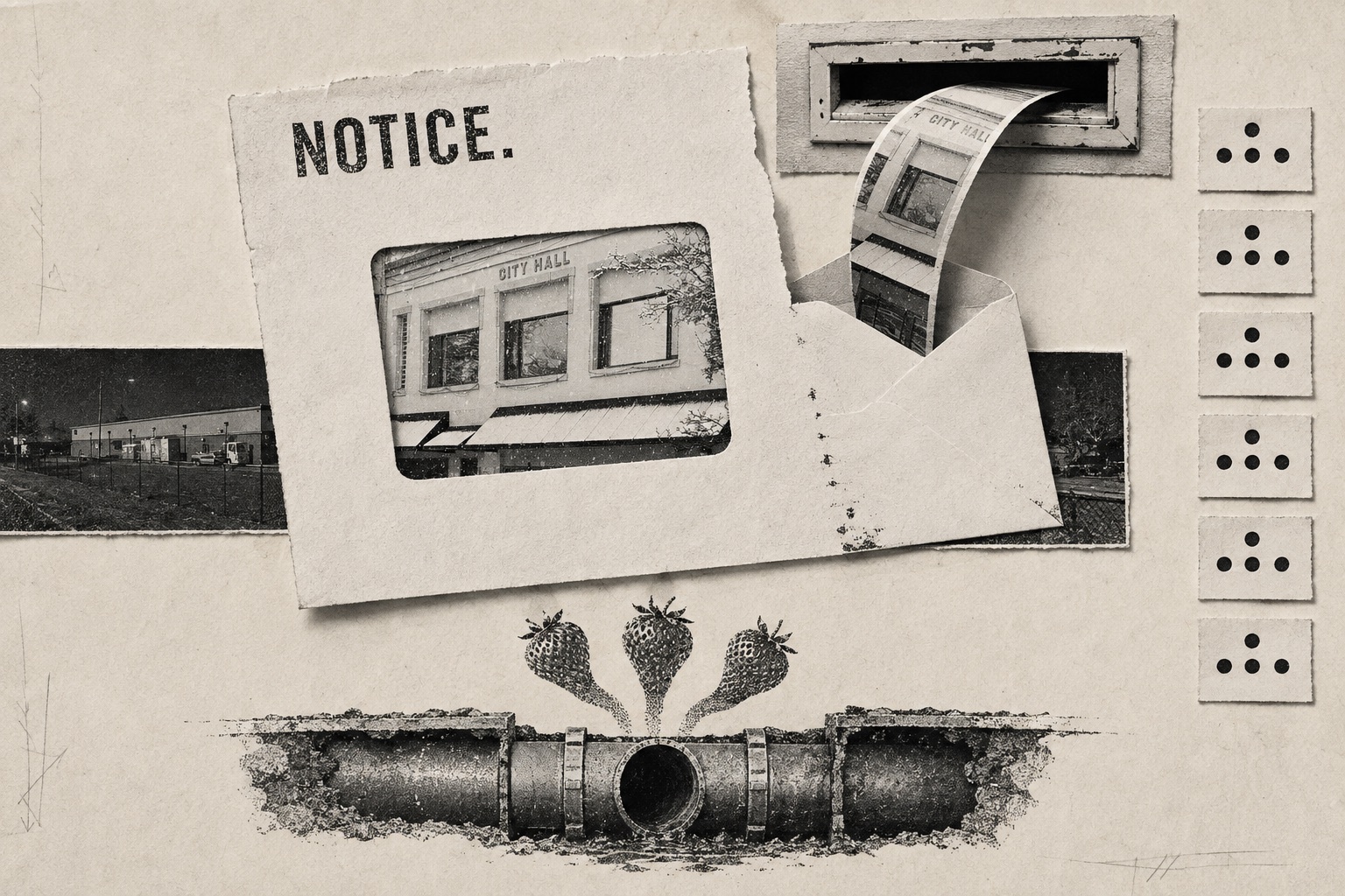 Collage: a NOTICE taped over a mail slot with an envelope sticking out, fresh strawberries beside a corroded sewer pipe section.