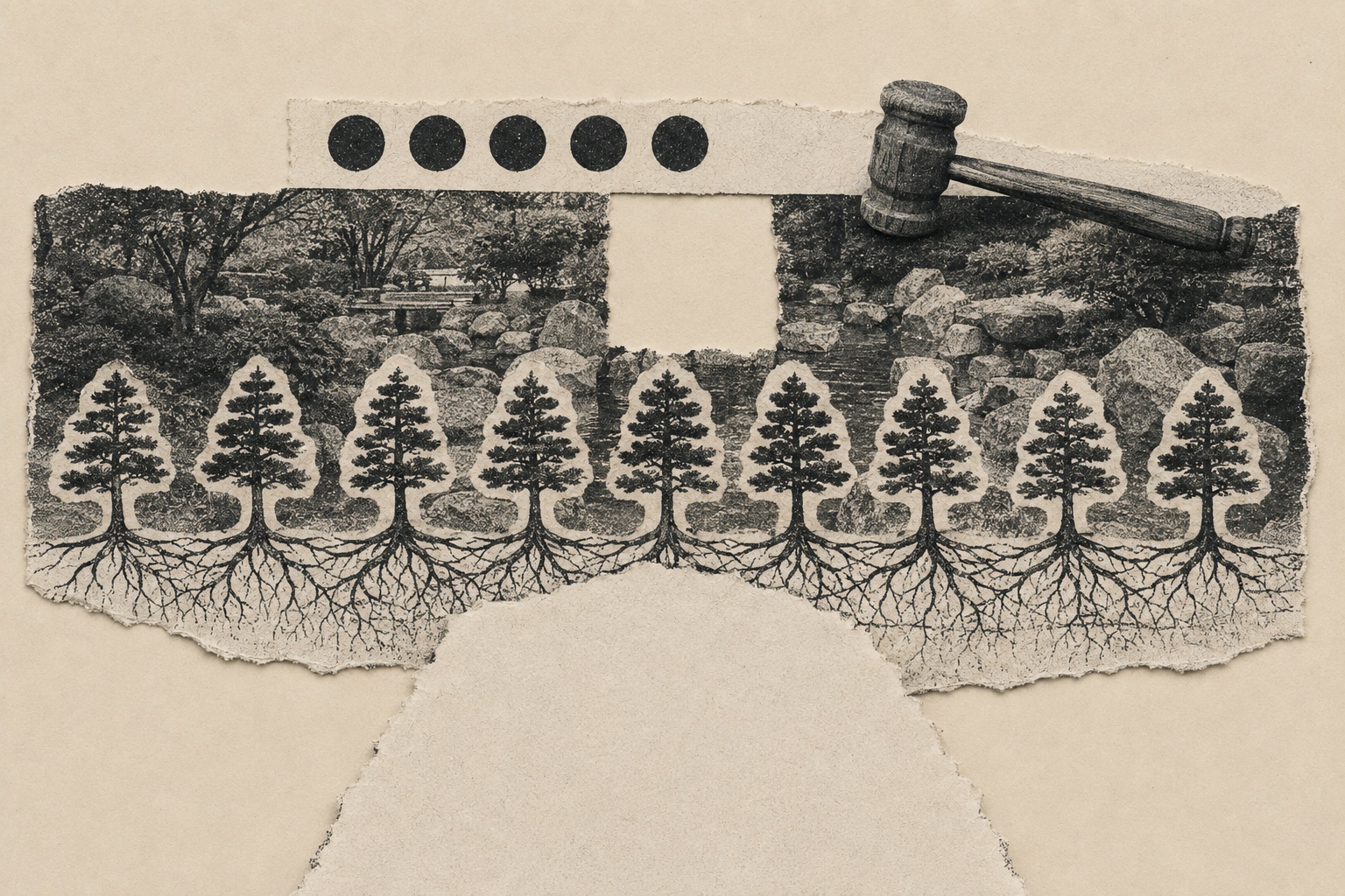 Collage: a strip of five filled ballot dots and a gavel over the Japanese garden, a row of stamped pines whose roots run beneath the whole scene, one blank square cut out of the middle.