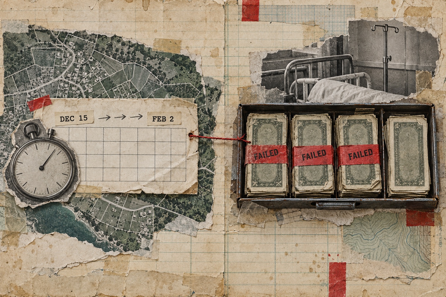 Collage on aged ledger paper: a hillside zoning map under a calendar card with DEC 15 arrowed to FEB 2 and a stopwatch, tied by red thread to a steel cash drawer of four bundled stacks of money, three bound in red FAILED tape, below a torn photograph of a hospital bed rail and an empty IV pole.