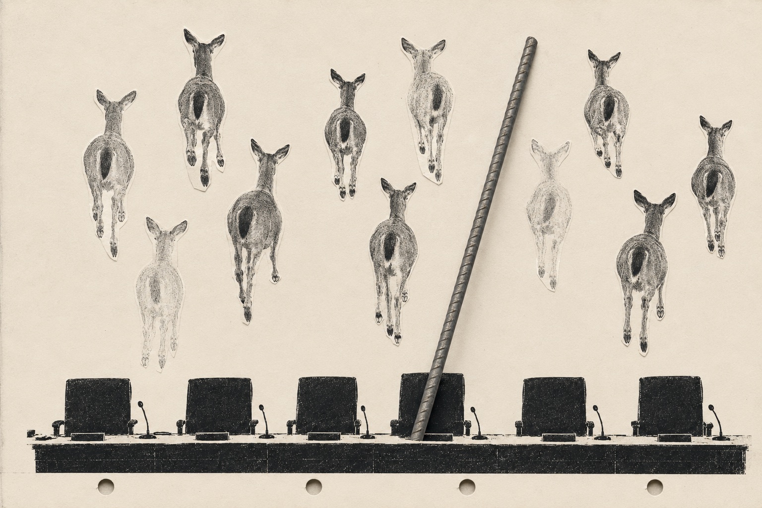 Collage: a herd of cut-out deer photographed from behind, walking away from an empty council dais, one length of rebar propped against a chair.