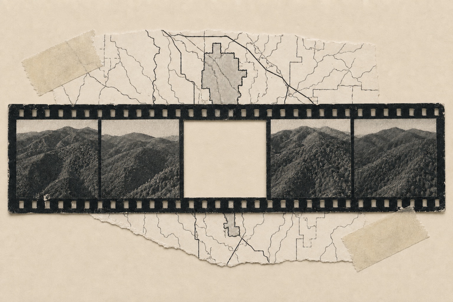 Collage: a filmstrip with one frame cut out, hung over the watershed map, the empty frame's outline traced in pencil.