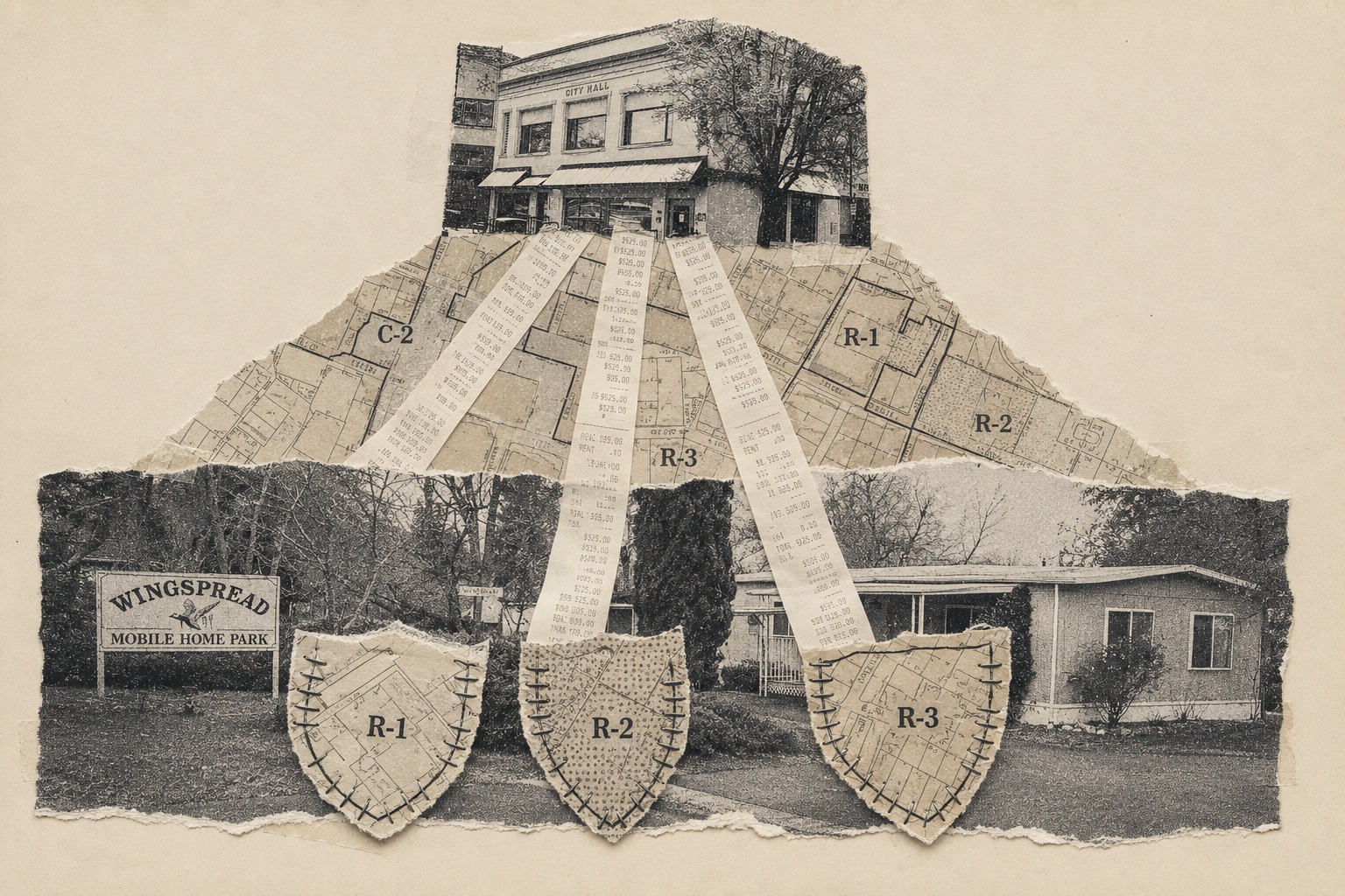 Collage: City Hall on a hill of zoning maps, receipt ribbons running downhill to the Wingspread Mobile Home Park sign, with three stitched shields labeled R-1, R-2, and R-3.