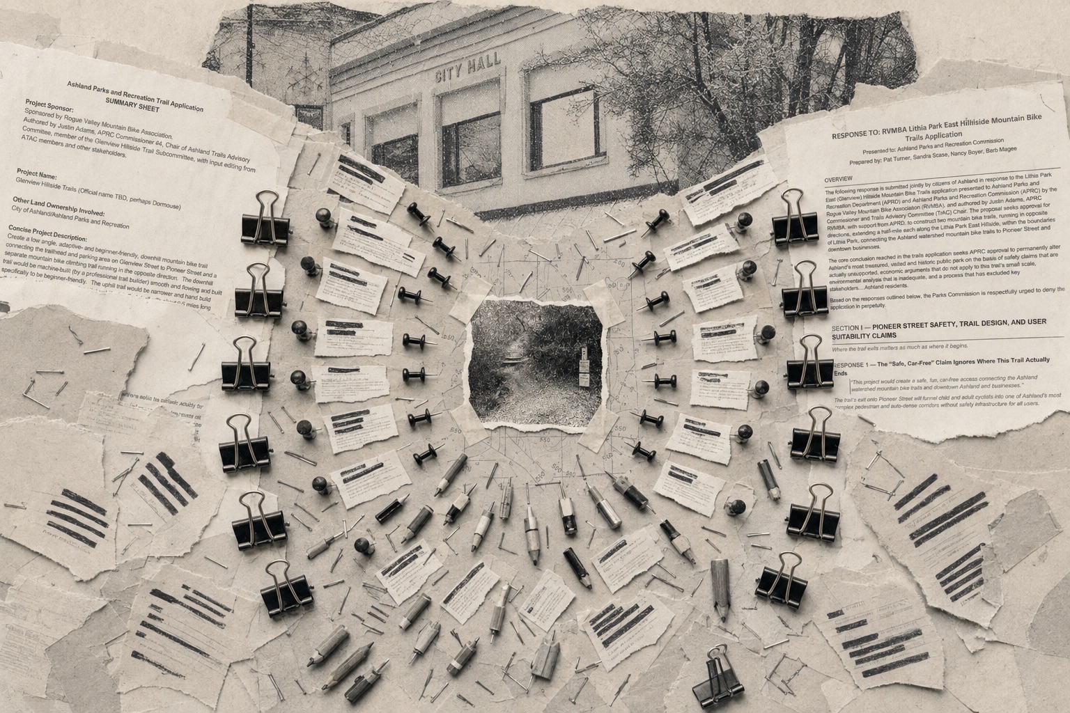 Collage on aged paper: the trail application and the opposition rebuttal flank a spiraling siege of binder clips, push pins, redacted comment slips, and pencil stubs, all ringing a small torn window of the actual dirt path, with City Hall in the background.
