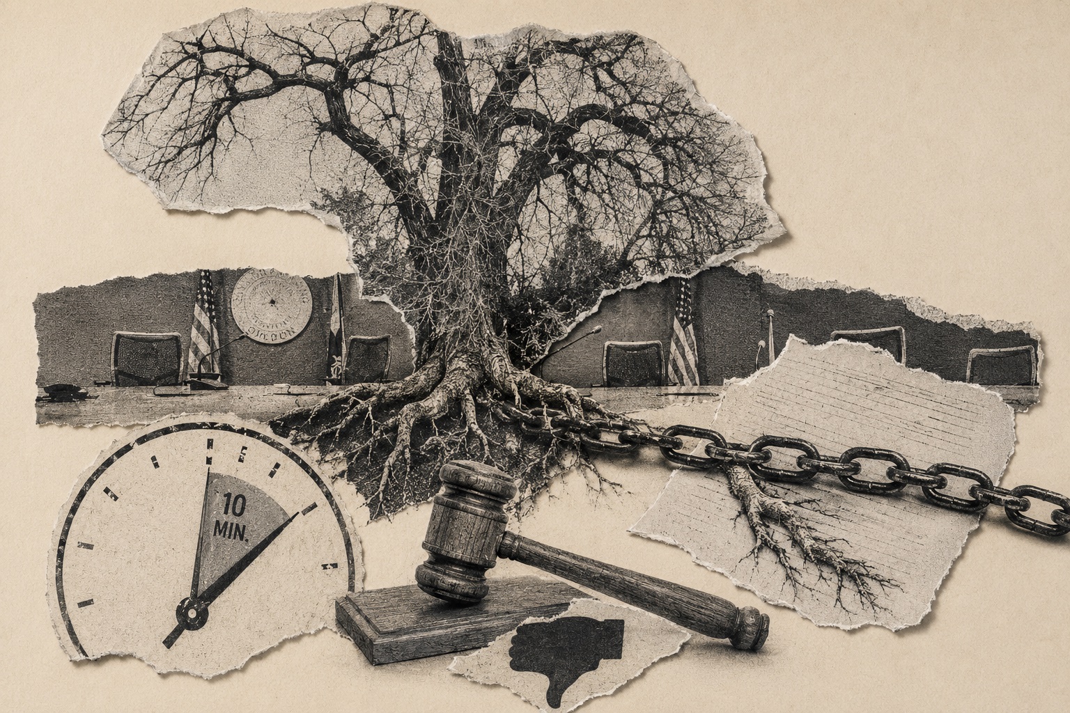 Collage: a bare tree rooted through a council dais, its roots chained toward a gavel, beside a 10-minute timer dial and a torn thumbs-down.