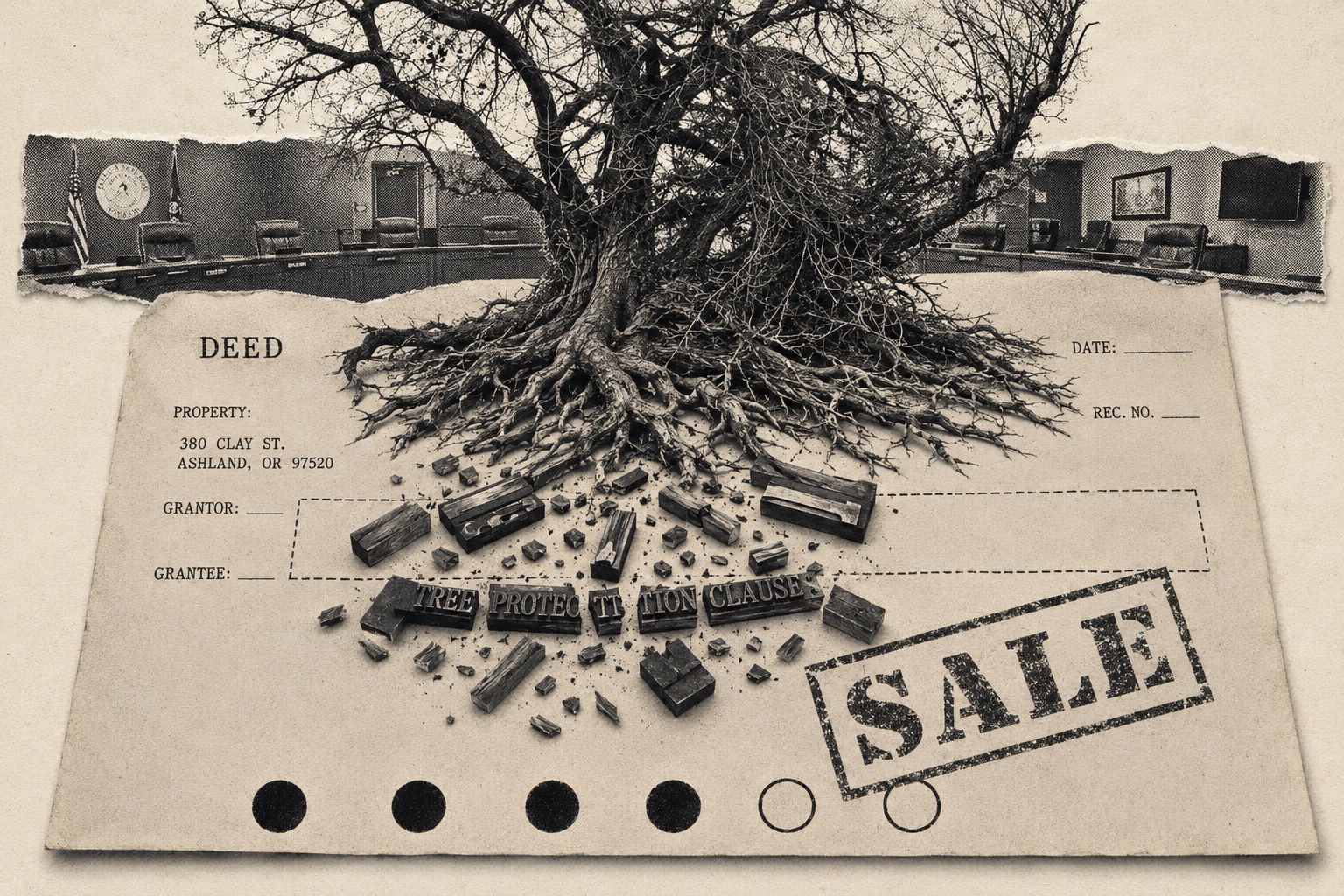 Collage: a stubborn tree standing through a torn stack of legal memos, a snapped pencil and a gavel at its roots.