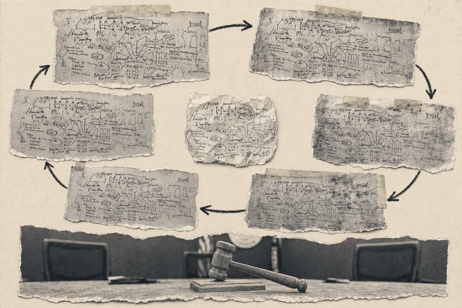 Collage on aged paper: six torn copies of the same scribbled diagram-covered page taped in a circle of crayon arrows, going nowhere, above a council dais with empty chairs and a wooden gavel.