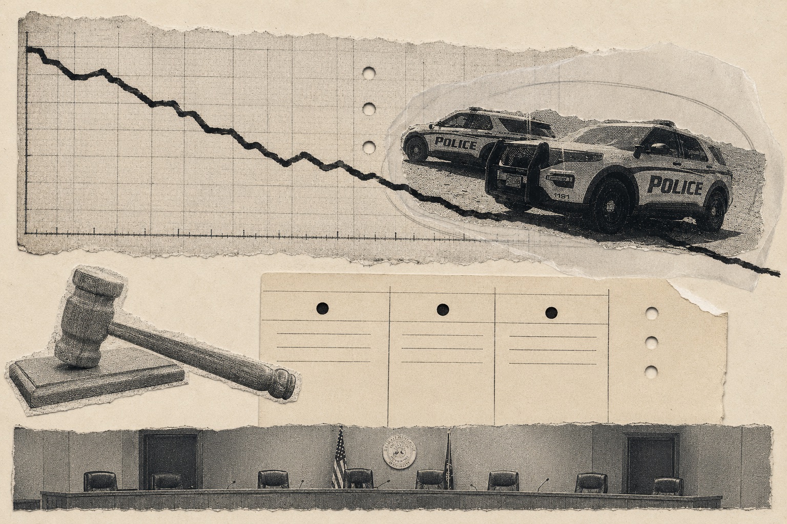 Collage: a falling crime-rate line crossing torn graph paper into a photo of two police SUVs, with a gavel, a blank three-column form, and an empty council dais below.