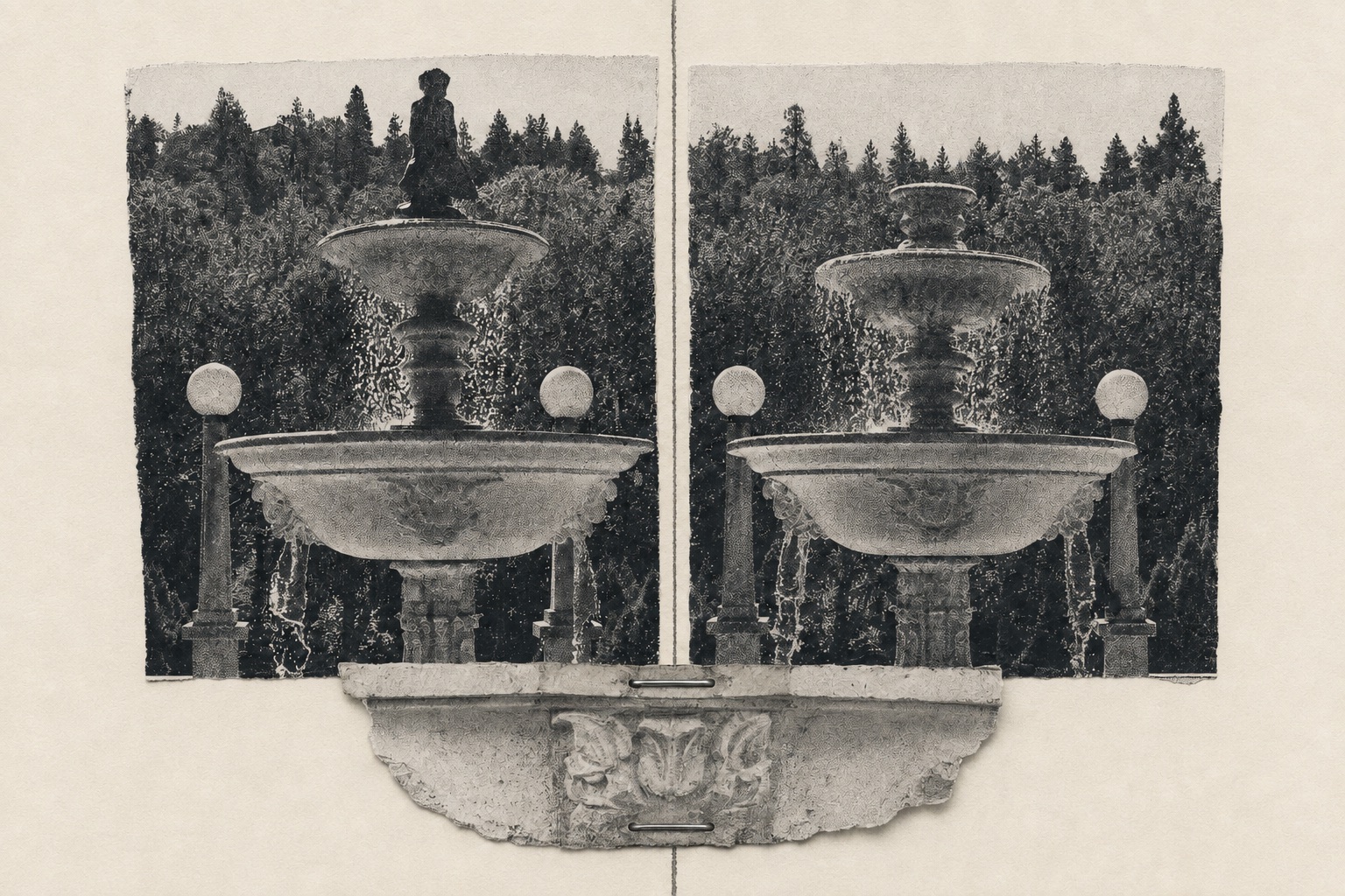 Collage: two nearly identical photos of the Butler-Perozzi fountain stapled side by side — statue present in one, gone in the other — above a carved stone fragment.