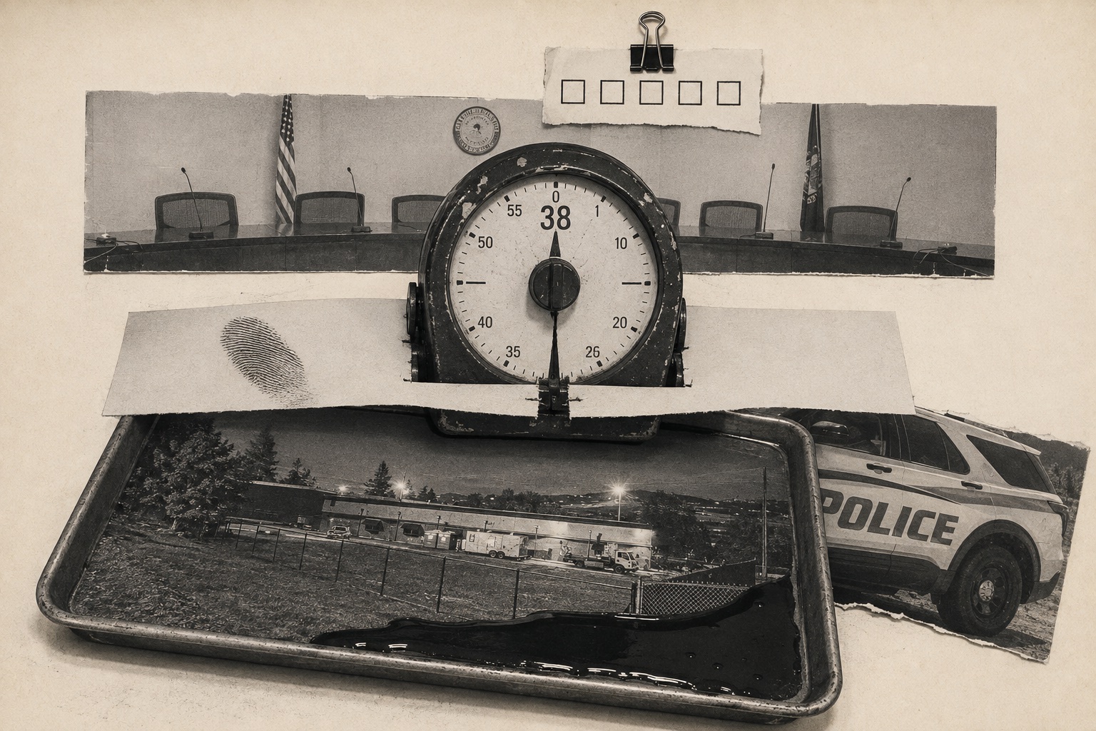 Collage: a kitchen timer stopped at 38 in front of an empty dais, a fingerprint, a torn police SUV photo, and a baking tray of dark liquid flooding a night photo of the fenced public works yard, five empty checkboxes clipped above.