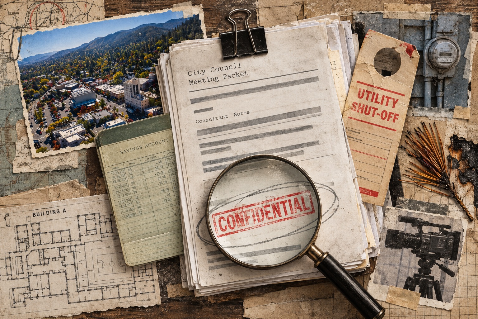 Collage from above: a City Council meeting packet of redacted consultant notes under a binder clip, a magnifying glass over a red CONFIDENTIAL stamp, with a savings account passbook, a UTILITY SHUT-OFF door tag beside an electric meter, a school floor plan marked BUILDING A, a scorched pine sprig, a video camera on a tripod and an aerial photo of Ashland.