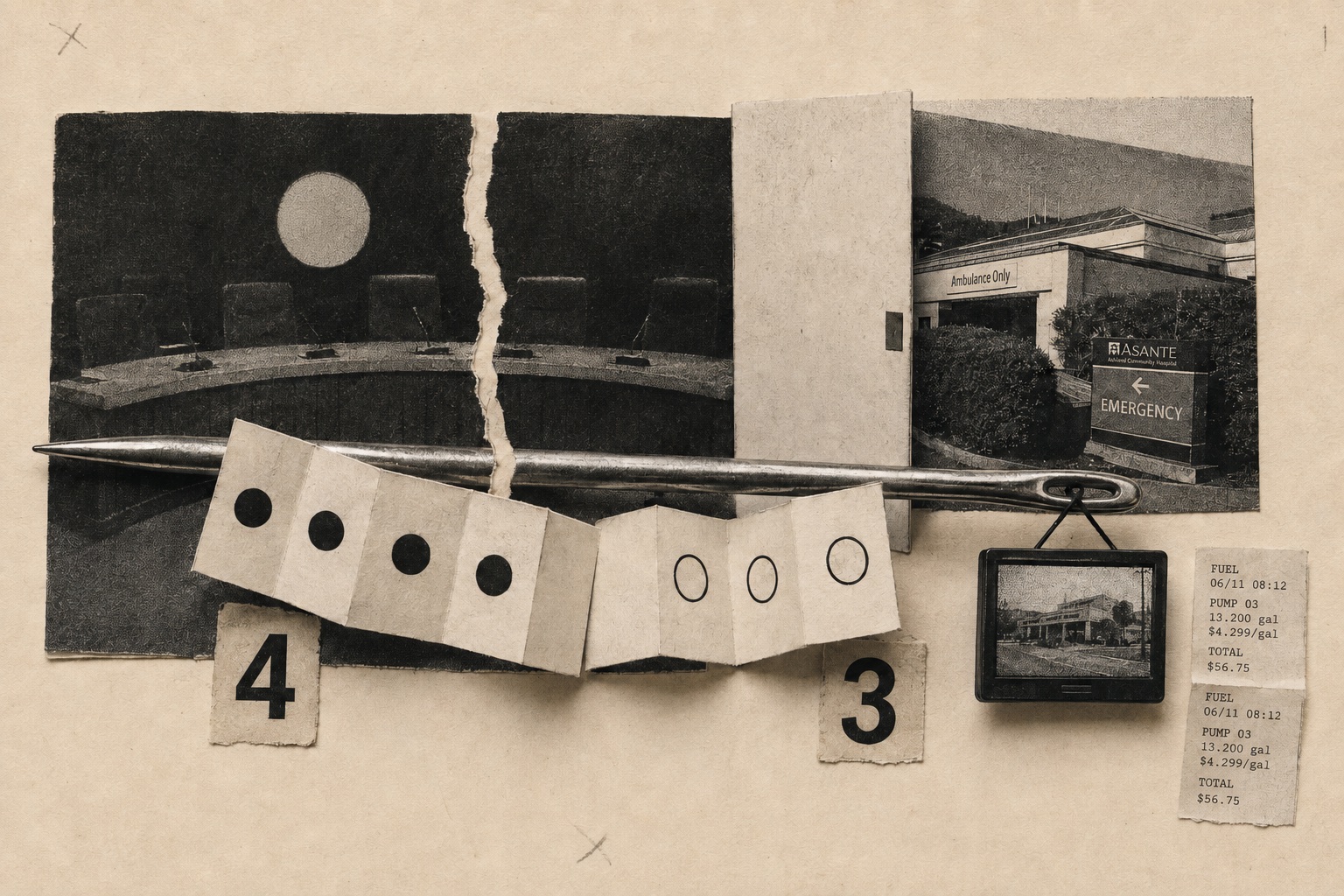 Collage: a sewing needle threaded through a torn strip of council dais and hospital photos, with 4–3 vote ribbons and fuel receipts trailing off the thread.