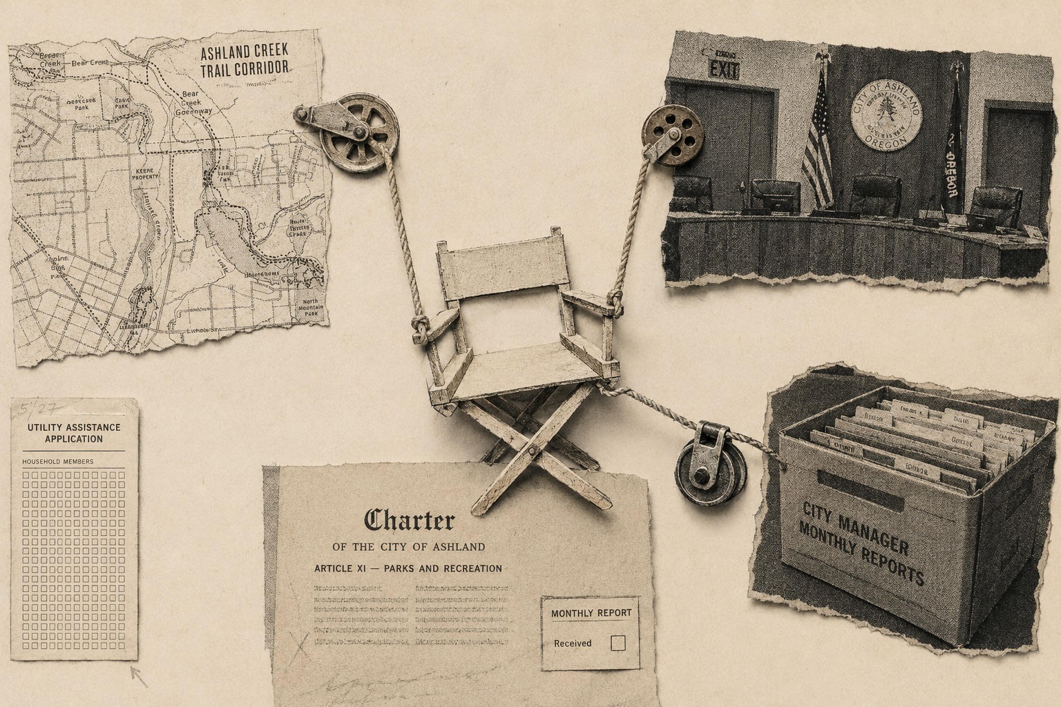 Collage: a small director's chair strung by pulleys between the Ashland Creek trail map, the council dais, a crate of City Manager monthly reports, a utility assistance application, and the city charter's parks article.