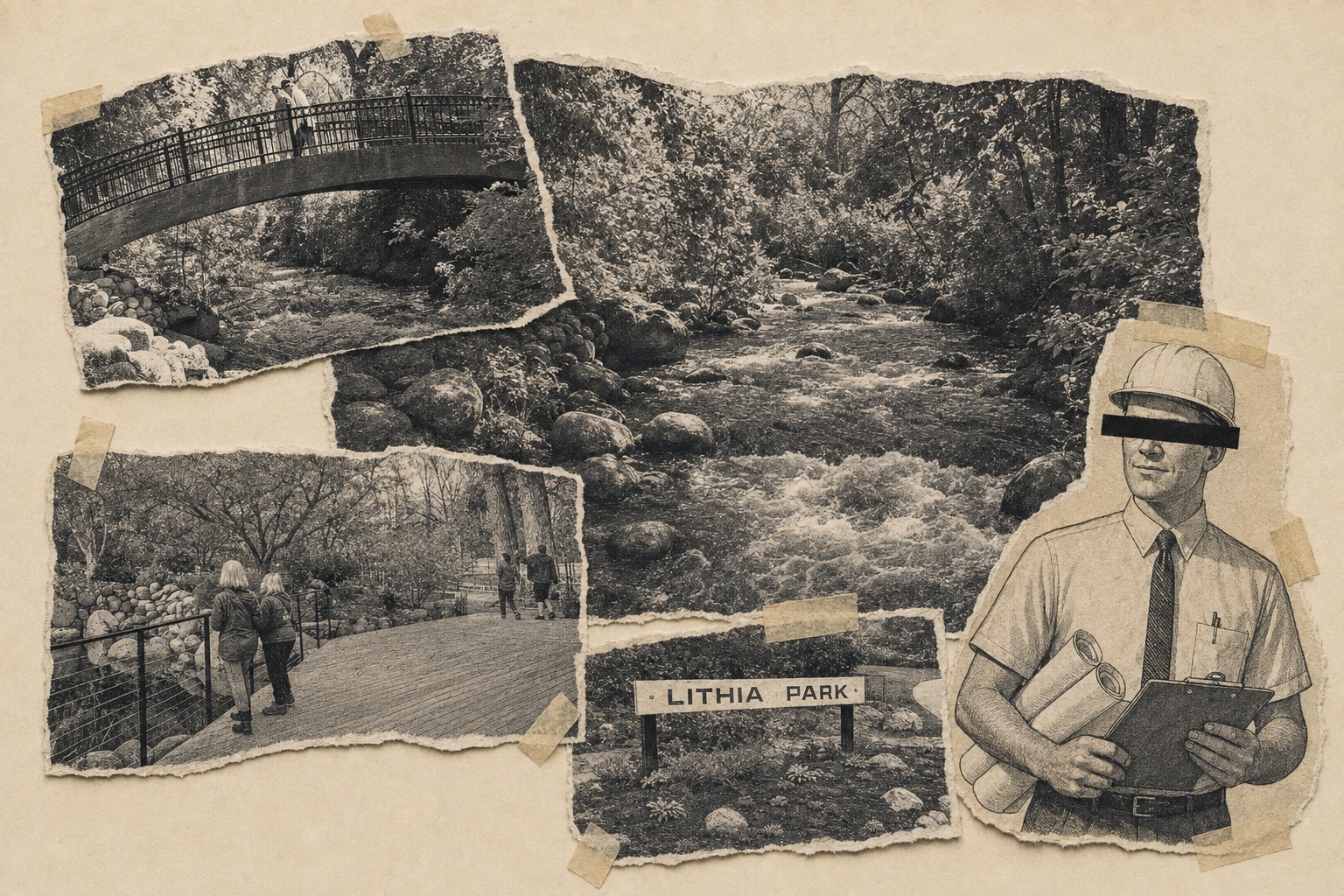 Collage: torn photos of Ashland Creek and the Lithia Park duck pond with a hard-hatted engineer whose eyes are covered by a black redaction bar, holding rolled plans, two buckets at the water line.
