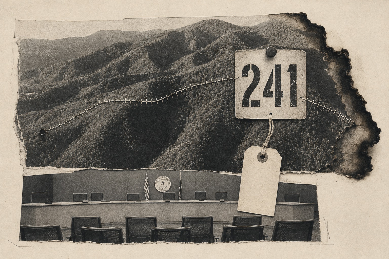 Collage: a long paper tape of tally marks unspooling across archive photos of Ashland, counting a combined two hundred forty-one years.