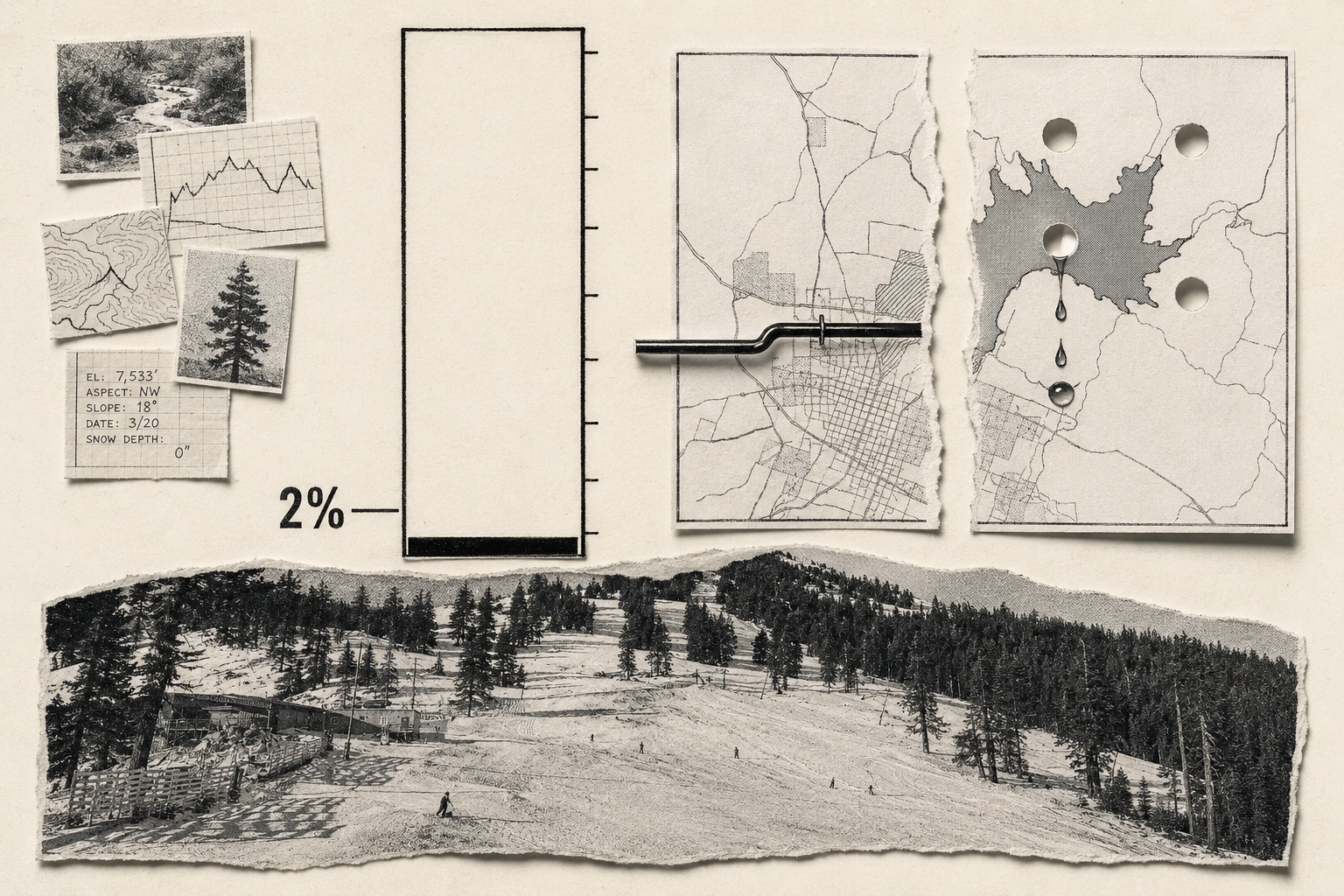 Collage: a rain gauge nearly empty at two percent, over a torn creek bed photo and a proclamation with a shrunken seal.