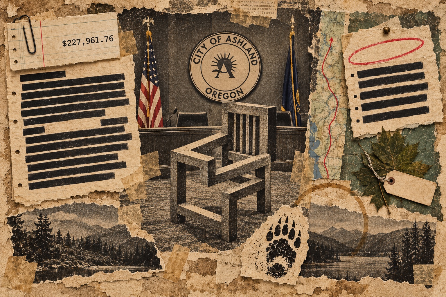 Collage on aged paper: an empty wooden chair, drawn as an impossible interlocking frame, stands before the Ashland council dais between two flags and a city seal. On the left, a fully redacted letter under a paper-clipped slip reading $227,961.76; on the right, a redacted page with a red pencil circle above a pressed maple leaf and a blank tag, a road map traced in red, a bear paw print, a coffee ring and two torn strips of mountains and lake.