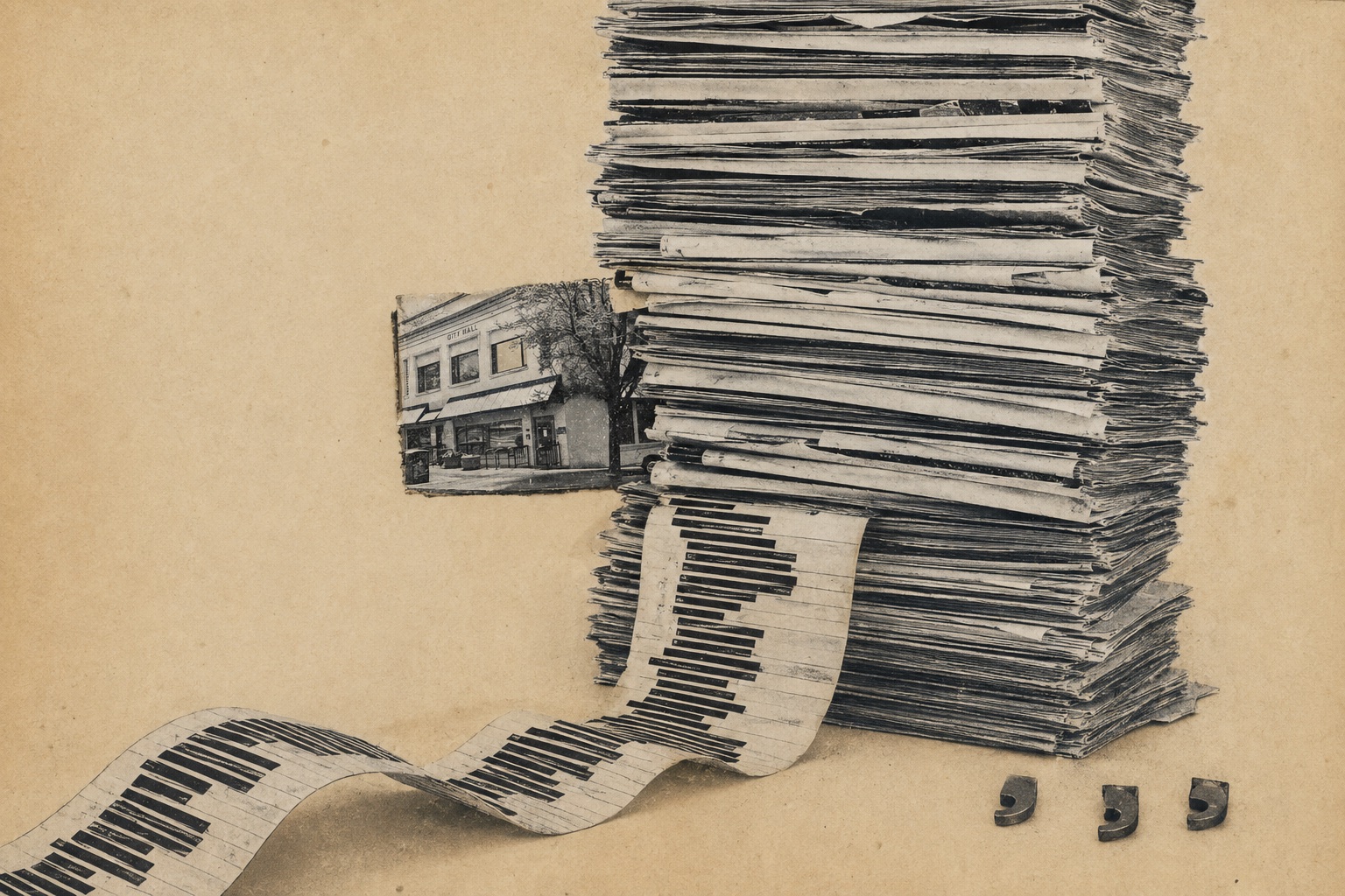 Collage on aged paper: a towering stack of newsprint studies on a scrap of downtown Ashland, a piano-keyboard ribbon spilling out of the pile, and three lead-type commas set aside on the floor.