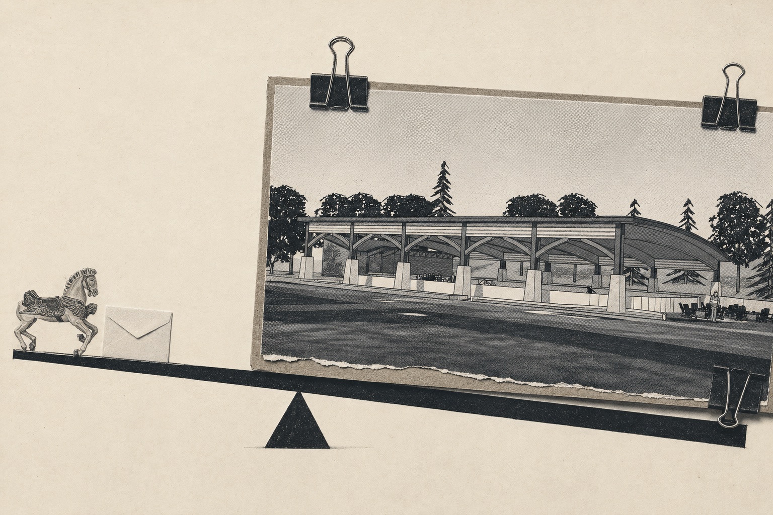 Collage: a carousel horse and a dollar-marked envelope balanced on a plank seesaw against a torn rendering of the proposed pavilion.