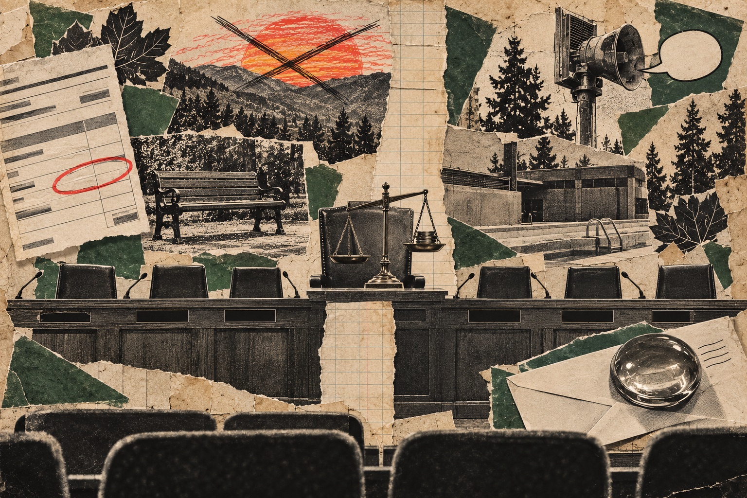 Collage on aged paper and torn green scraps: an empty council dais with six black chairs, microphones and blank nameplates, three on each side of a torn strip of graph paper, and in the middle a taller empty chair with a brass balance scale in front of it, coins in one pan. Above, an orange crayon sunset over forested hills is crossed out in pencil. Around the edges are a utility bill with one line circled in red, a park bench, an empty outdoor pool with a ladder, an emergency siren horn on a pole beside an empty speech bubble, an envelope under a glass paperweight and maple leaves. Rows of empty audience seats fill the foreground.